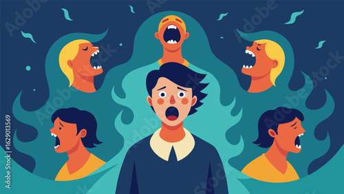A digital illustration of a person with multiple versions of themselves shouting different anxious thoughts into a bottomless abyss..
