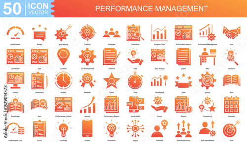 Performance Management icon collection set. Containing performance, Review, goal setting, Tracking, Employee, Evaluation icon