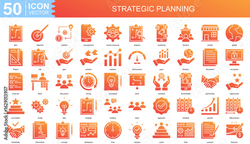 Strategic Planning icon collection set. Containing plan, objective, method, management, human resources, analytics, marketing icon