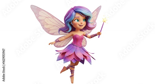 Flying cartoon fairy with pink and purple dress