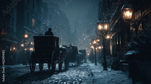 Old London Street with Carriages on a Snowy Night with Gaslight and Carriage Lamps