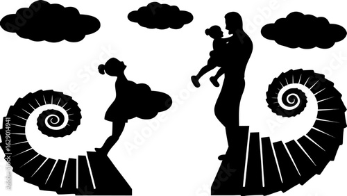 Silhouette of family on spiral staircases with clouds creating a contrasting and symbolic composition