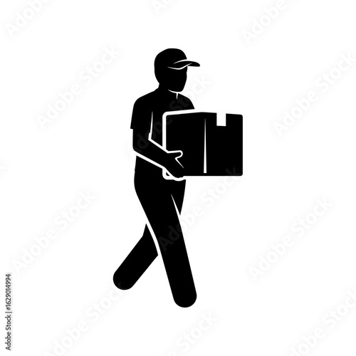 Delivery person carrying a box wearing a cap walking with package in hand silhouette illustration