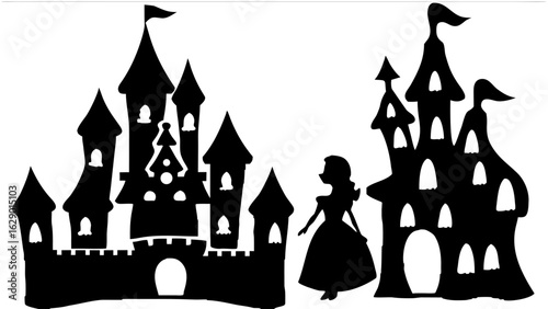 Silhouette of a princess standing between two castles with towers and flags on top of the towers in black