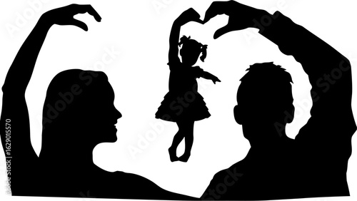 Silhouette of parents holding up their child forming a heart shape with their hands in black and white