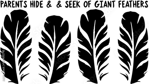 Four black and white feathers arranged symmetrically with detailed barbs creating a visually striking image silhouette