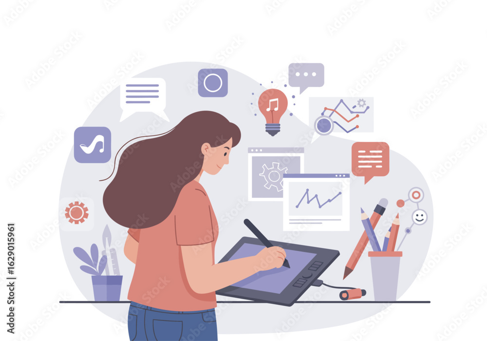 Young Woman Illustrating on Digital Tablet with Stylus Pen. Young Woman Illustrating on Digital Tablet with Stylus Pen.