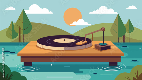 A record player is carefully p on a wooden pier extending over a peaceful pond the gentle ripples of the water adding a natural rhythm to the songs Vector illustration
