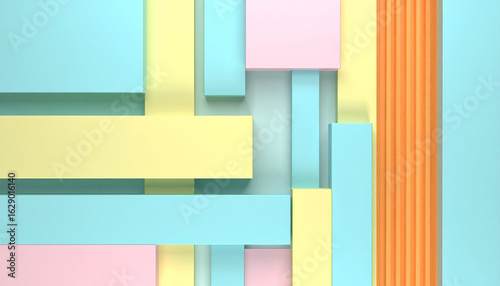 Colorful Geometry Composition: Abstract geometric arrangement of pastel-colored rectangles, creating a modern and visually captivating design, perfect for backgrounds and digital art.