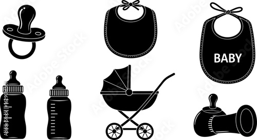 Black and white icons depicting baby essentials: pacifiers, bottles, bibs, and a stroller.