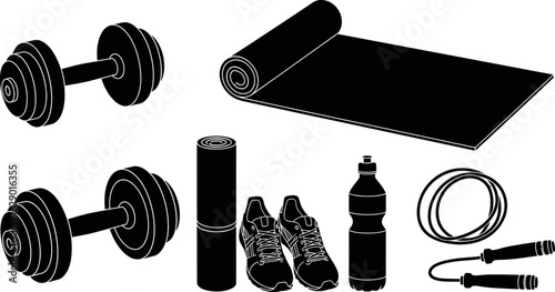 Black silhouettes of exercise equipment, including dumbbells, a yoga mat, water bottle, jump rope, and sports shoes.