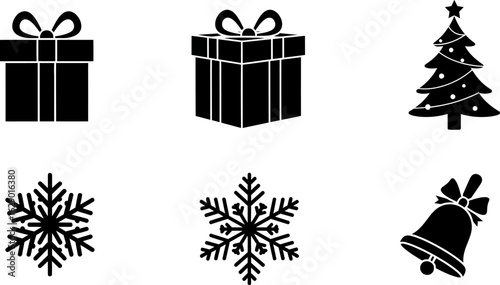 Black and white festive icons featuring presents, a Christmas tree, snowflakes, and a bell.