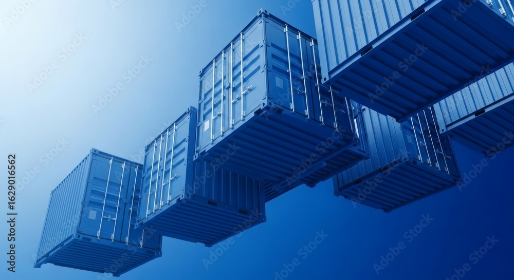 Obraz premium Blue shipping containers suspended in mid-air against a bright sky.