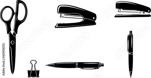 Illustration of office supplies including scissors, staplers, pens, and a binder clip arranged on a white background.