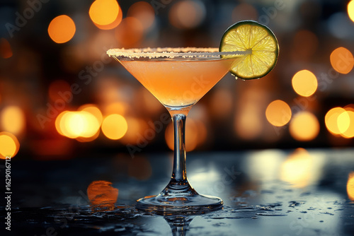 Cocktail with lime slice on the rim.