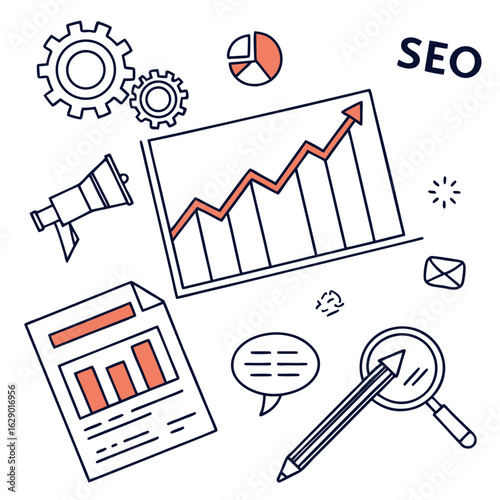 Vector art of seo optimization and search engine marketing, isolated on white background