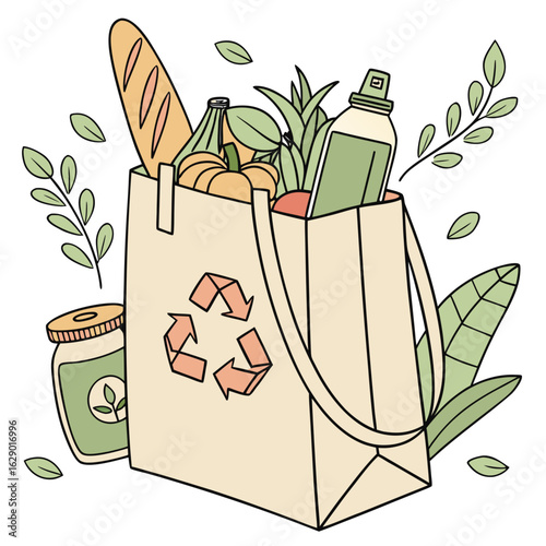 Vector art of eco friendly grocery shopping bag with food isolated on white background