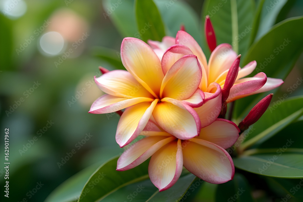 Fototapeta premium Plumeria Flowers Blooming with Yellow and Pink Petals