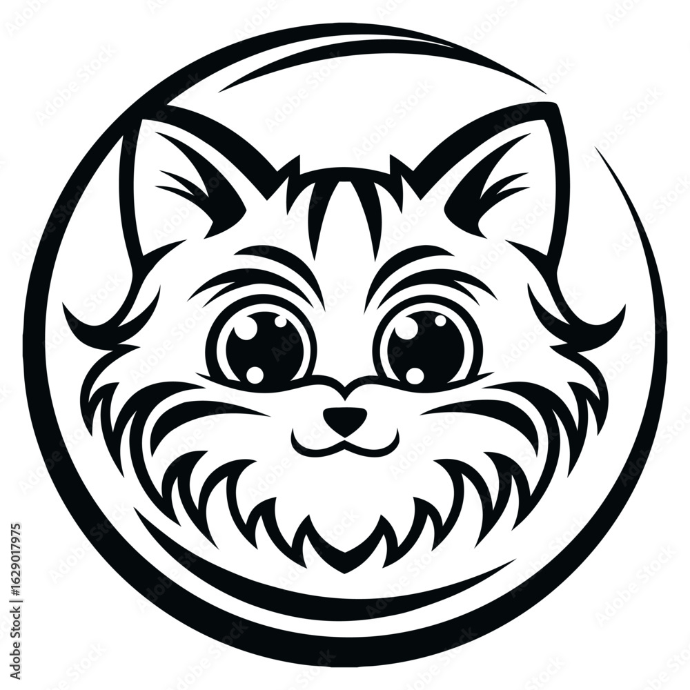 Fototapeta premium A stylized vector face of a cat inside a circular frame is presented in black and white. The face features big eyes, a small nose, and a fluffy, rounded shape.