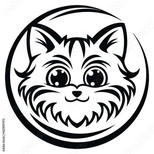 Wallpaper Mural A stylized vector face of a cat inside a circular frame is presented in black and white. The face features big eyes, a small nose, and a fluffy, rounded shape. Torontodigital.ca