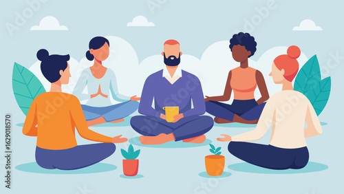 A group of colleagues engage in a lunchtime mindfulness session together following a guided meditation that encourages relaxation and stress relief..
