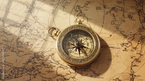 Antique navigational compass resting on a vintage world map, symbolizing a journey of exploration and discovery.