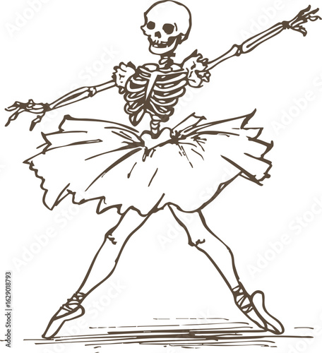 Whimsical skeleton dressed in tutu performs ballet pose, exuding playful and artistic vibe. illustration combines elements of dance and anatomy in creative manner