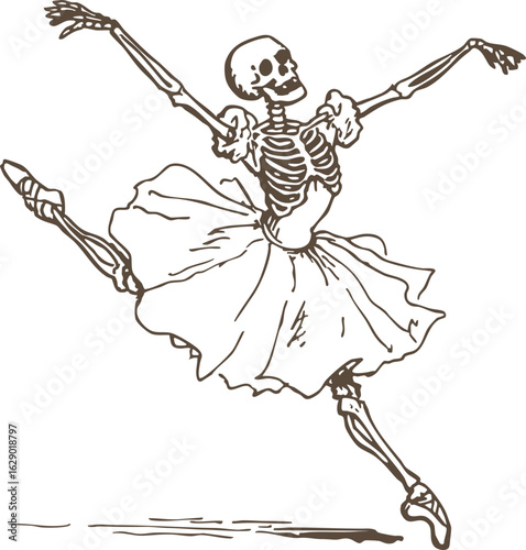 Skeleton in tutu joyfully dances in ballet pose, showcasing whimsical and artistic depiction of movement and grace. illustration combines elements of humor and elegance