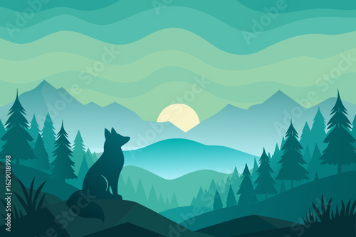 Stunning fox silhouette gazing at serene mountain landscape under the rising sun, peaceful nature illustration