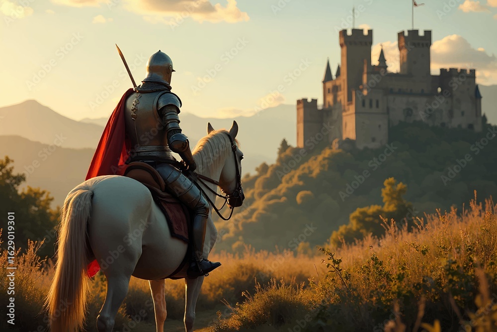 Fototapeta premium Majestic knight on horseback guarding stunning medieval castle at sunset evokes fantasy adventure