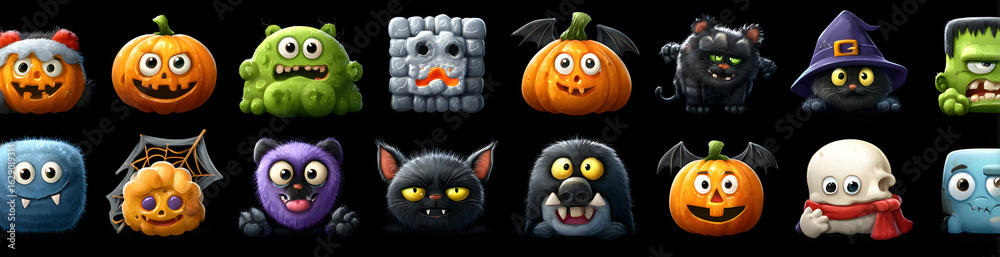 Fototapeta premium Halloween icon set with various spooky elements vector cartoon illustration. Colorful collection includes pumpkins, monsters, ghost, bat, black cat, Frankenstein, werewolf, clown, vampire, spider web.