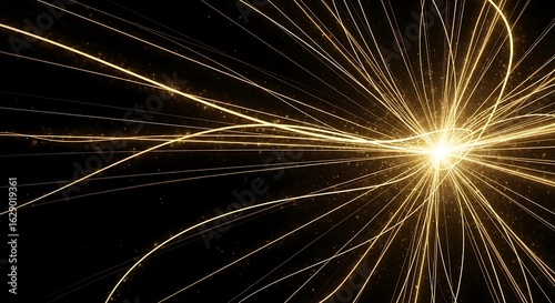 Glowing golden energy streams converge at a bright central point, radiating outwards in a dynamic display.