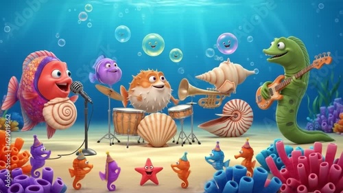 Animated Underwater Band Playing Music with Happy Sea Creatures