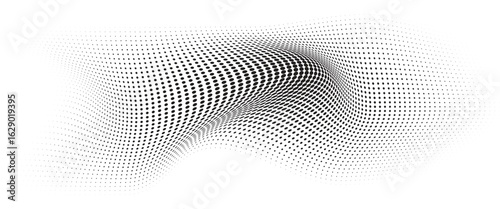 Flowing Wave Dot Halftone Pattern: Curve Gradient Shape on Transparent Background. Suitable for AI, Tech, Network, Digital, Science, and Technology Themes.
