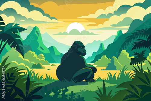 Stunning gorilla illustration observing the jungle sunrise, perfect for adventure stories and conservation projects