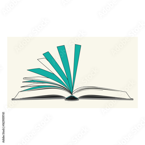 Art of an open book with vibrant teal pages fanning out, symbolizing the unfolding of knowledge, imagination, and the power of stories