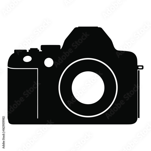 Art of black silhouette of a dslr camera with a lens, isolated on a white background, representing photography and visual media