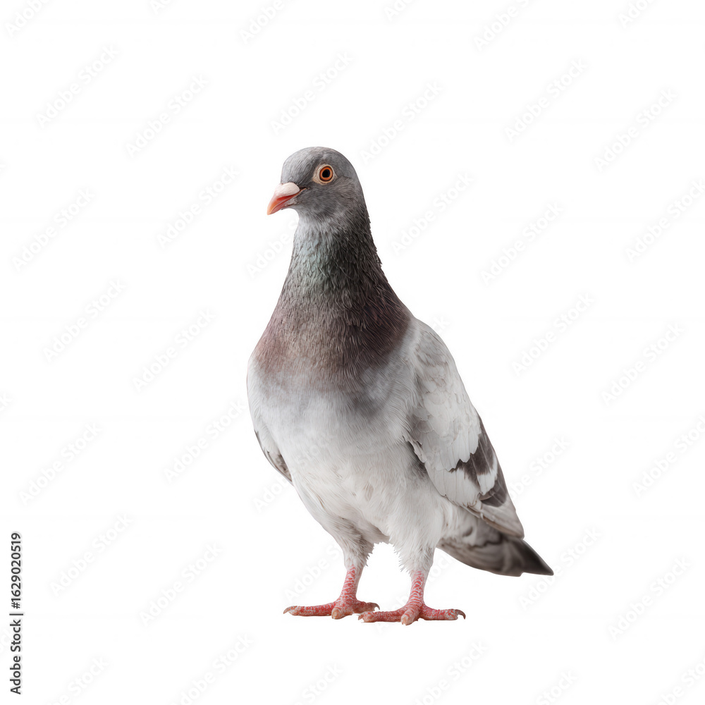 Obraz premium A close-up of a gray and white pigeon standing on a white isolated background, showcasing its detailed feathers and bright eyes.