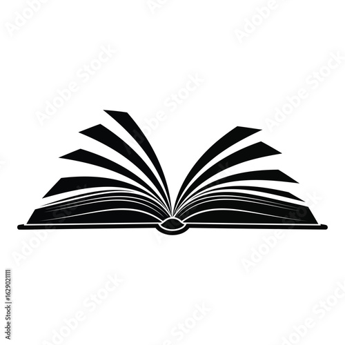 Art of stylized open book with fanned pages, symbolizing education and the world of literature, isolated on white background