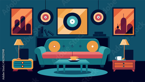 A plush and comfortable lounge with leather sofas soft lighting and a collection of vintage vinyl records for guests to enjoy a highend listening Vector illustration
