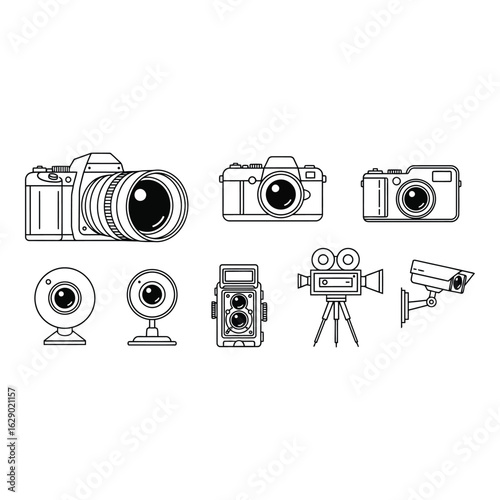 Art of collection of various cameras and photographic equipment, including vintage and modern styles, isolated on white background