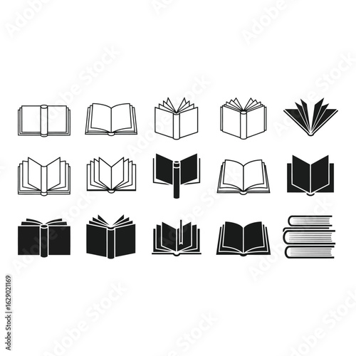 Art of a collection of stylized black icons representing open and closed books in various orientations, symbolizing knowledge and literature
