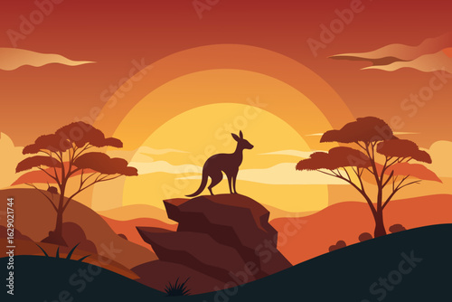 Inspiring silhouette of kangaroo standing proudly at sunset, stunning Australian outback landscape design
