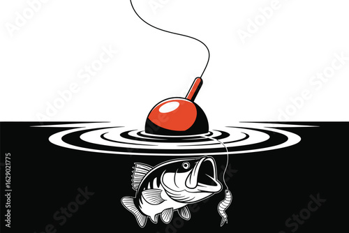 Fishing bobber on water surface with bass fish biting a worm lure float fishing line.eps