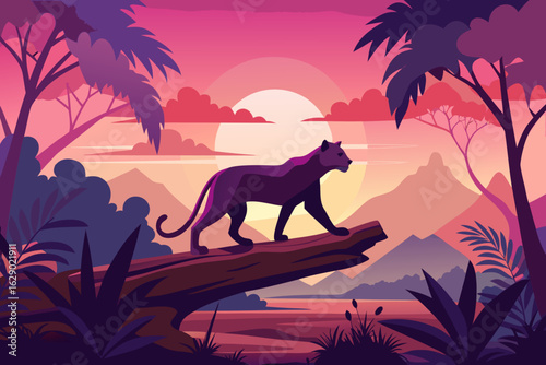 Stunning panther illustration at sunset in jungle, vibrant wildlife scene, nature background, vector design
