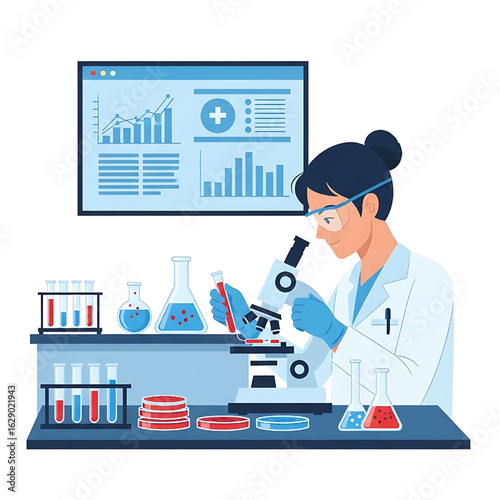 Scientist in Lab Analyzing Samples with Microscope and Computer Display