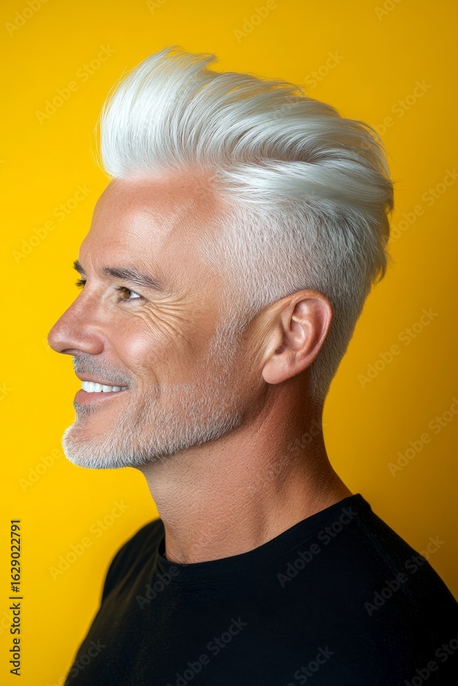 Obraz premium Idea of style for aging men. Classy men's quiff haircut - midlife white man with white hair. A charismatic and fashionable male with a trendy look. Yellow solid background.