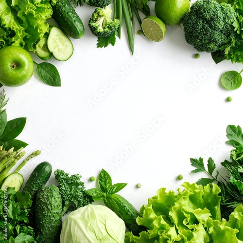 Fototapeta Naklejka Na Ścianę i Meble -  A white background framed by various green vegetables and fruits