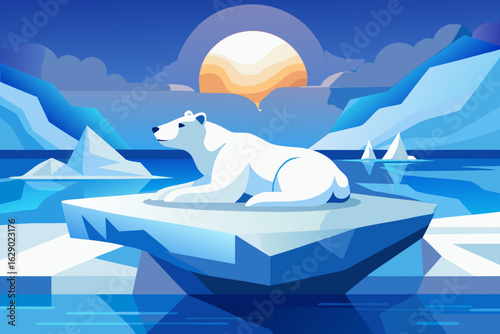Stunning polar bear lounging on arctic ice floe, bathed in golden sunlight, frozen ocean landscape
