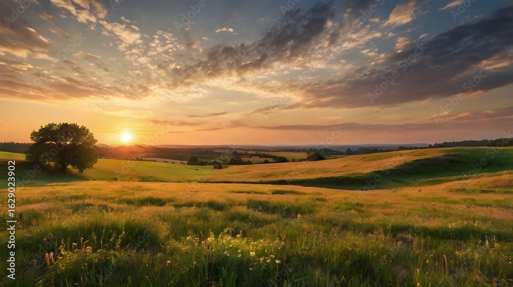 Obraz premium Beautiful spring morning landscape illustration with golden sunrise and glowing sky, soft clouds, and open yellow field capturing nature’s fresh start and seasonal beauty